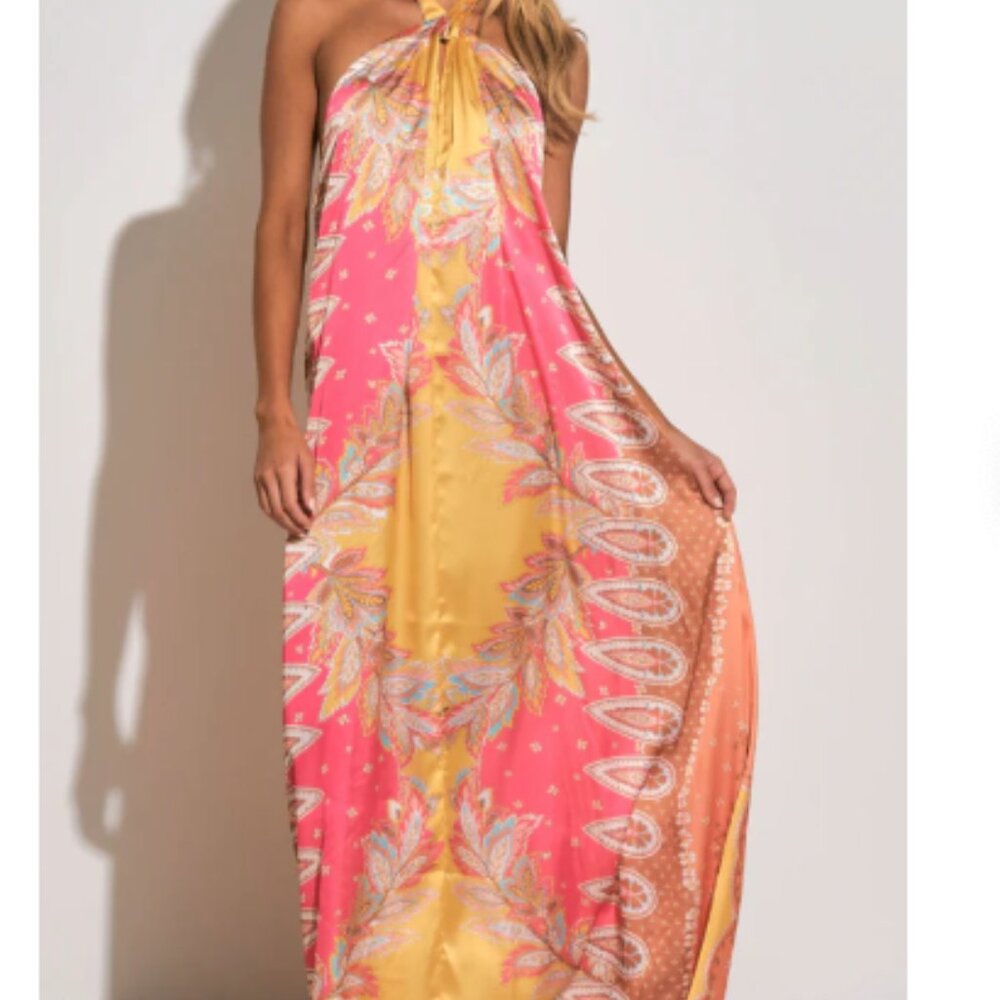 Elan Coral Pink & Yellow Halter Maxi Dress